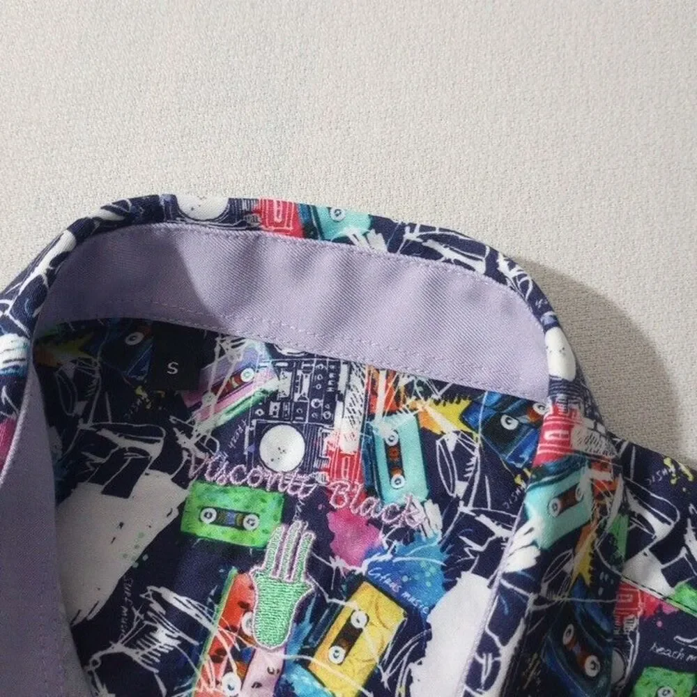 Visconti Black Men's Small Shirt All Over Mixtapes Button Up Short Sleeve‎